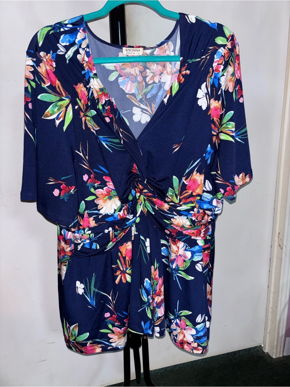 Kiyonna Navy Floral Twist-Front Blouse